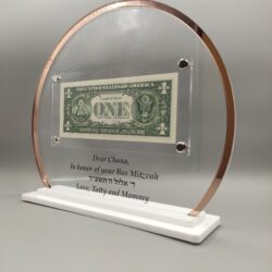 Personalized Rebbe Dollar Display - Round acrylic with rose gold mirror - With a white base